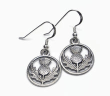 Load image into Gallery viewer, Scottish Thistle round silvertone Celtic earrings Sassenach Outlander fan gift jewelry (w/ optional crystal or pearl bead)