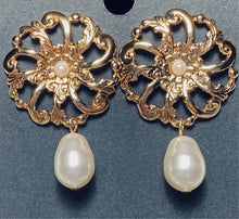 Load image into Gallery viewer, Vintage Avon 1992 “Flower Blossom” ornate gold scrollwork filigree earrings w faux seed pearl and teardrop pearl dangle