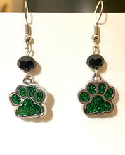 Load image into Gallery viewer, Pelham Panthers sports fan green and black paw print earrings