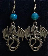 Load image into Gallery viewer, Flying dragon earrings in gold, bronze, or silver: UAB Blazers, Game of Thrones fantasy creatures, sports fan jewelry