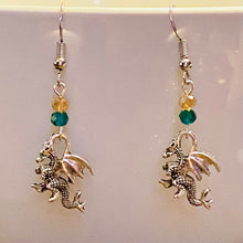 Load image into Gallery viewer, UAB Blazers sports fan small silvertone dragon earrings with gold and green crystal beads