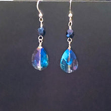 Load image into Gallery viewer, Dark blue iridescent crystal and sterling drop earrings
