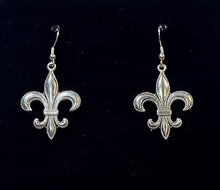 Load image into Gallery viewer, Fleur-de-lis large beaded edge earring in goldtone or silvertone w/ optional 8mm crystal or gemstone bead French symbol New Orleans Saints sports fan