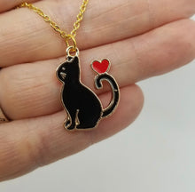 Load image into Gallery viewer, Black Cat or White Cat with heart enamel charm earrings 3 styles cat lover cat lady gift
