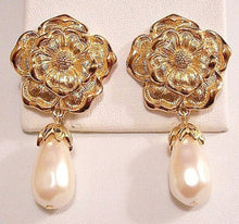 Load image into Gallery viewer, Vintage Avon Summerset Tudor Rose gripoix gold and faux pearl pierced earrings