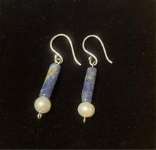 Load image into Gallery viewer, Roman style sodalite gemstone and freshwater pearl sterling silver earrings