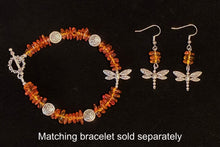 Load image into Gallery viewer, Dragonfly In Amber II goldtone or silvertone dragonfly earrings with genuine Baltic Amber Outlander fan gift jewelry