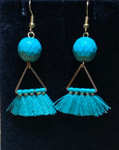 Load image into Gallery viewer, Turquoise Dream: goldtone and turquoise blue beaded boho tassel earrings