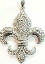 Load image into Gallery viewer, Huge silvertone filigree fleur de lis pendant necklace with rhinestones Renaissance medieval French New Orleans Saints