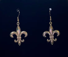 Load image into Gallery viewer, Fleur-de-lis large beaded edge earring in goldtone or silvertone w/ optional 8mm crystal or gemstone bead French symbol New Orleans Saints sports fan