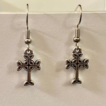 Load image into Gallery viewer, Celtic cross dainty silvertone or goldtone earrings with optional gemstone bead