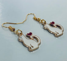 Load image into Gallery viewer, Black Cat or White Cat with heart enamel charm earrings 3 styles cat lover cat lady gift