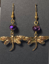 Load image into Gallery viewer, Dragonfly earrings in silvertone or goldtone with gemstone or crystal bead