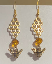 Load image into Gallery viewer, Bee Golden: goldtone honeybee earrings with citrine crystal bead beekeeper apiculture bee lover gift