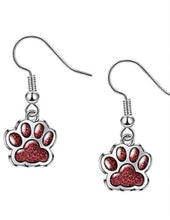 Load image into Gallery viewer, Paw print sports fan earrings: Tigers, Lions, Bulldogs, Wildcats, Huskies, Panthers, Jaguars: choice of team color with or without crystal bead.