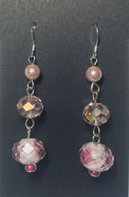 Load image into Gallery viewer, La Vie En Rose pink pearl, crystal, and glass rose bead earrings