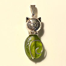Load image into Gallery viewer, Nature Cat: silvertone and green glass oval pendant