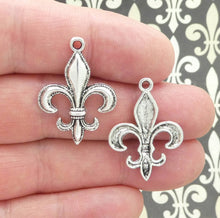 Load image into Gallery viewer, Fleur-de-lis earring in antique goldtone or silvertone w/ optional 8mm crystal or gemstone bead French symbol New Orleans Saints sports fan