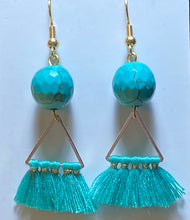 Load image into Gallery viewer, Turquoise Dream: goldtone and turquoise blue beaded boho tassel earrings