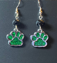 Load image into Gallery viewer, Pelham Panthers sports fan green and black paw print earrings
