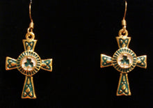 Load image into Gallery viewer, Goldtone enamel Irish shamrock clover Celtic cross earrings w 14k gold-filled earwires