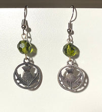 Load image into Gallery viewer, Scottish Thistle round silvertone Celtic earrings Sassenach Outlander fan gift jewelry (w/ optional crystal or pearl bead)