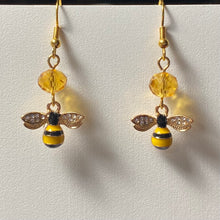 Load image into Gallery viewer, All Abuzz: enameled goldtone honeybee earrings with citrine crystal bead beekeeper apiculture bee lover gift