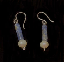Load image into Gallery viewer, Roman style sodalite gemstone and freshwater pearl sterling silver earrings