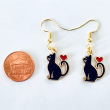 Load image into Gallery viewer, Black Cat or White Cat with heart enamel charm earrings 3 styles cat lover cat lady gift