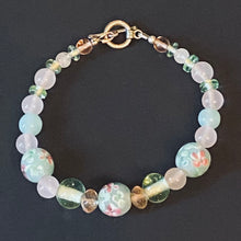 Load image into Gallery viewer, Dreams of Spring rose quartz and floral lampwork glass bead bracelet