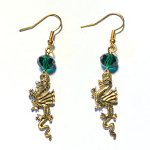 Load image into Gallery viewer, Dragon Rampant - goldtone pewter dragon earrings UAB Blazer fan, sports fan, fantasy Game of Thrones