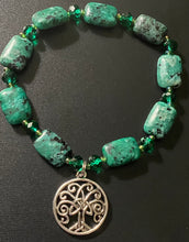 Load image into Gallery viewer, African turquoise and jade green crystal Celtic tree bracelet