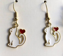 Load image into Gallery viewer, Black Cat or White Cat with heart enamel charm earrings 3 styles cat lover cat lady gift
