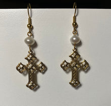 Load image into Gallery viewer, Goldtone filigree cross earrings with freshwater pearl