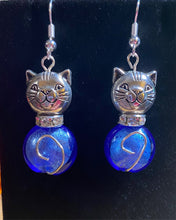 Load image into Gallery viewer, Ocean Cat II: silvertone and deep blue glass bead earrings