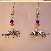 Load image into Gallery viewer, Auburn Tigers sports fan small silvertone tiger earring with orange and blue crystal beads