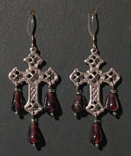 Load image into Gallery viewer, Garnet and gold or silver filigree cross earrings with sterling or 14k gold-filled earwires