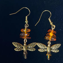 Load image into Gallery viewer, Dragonfly In Amber II goldtone or silvertone dragonfly earrings with genuine Baltic Amber Outlander fan gift jewelry