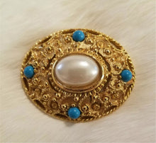Load image into Gallery viewer, Vintage Victorian matte goldtone oval brooch w/ faux pearl cabochon & turquoise beads