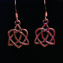 Load image into Gallery viewer, Celtic heart earrings with triquetra knot, copper finish (w/ optional gemstone bead)