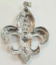 Load image into Gallery viewer, Huge silvertone filigree fleur de lis pendant necklace with rhinestones Renaissance medieval French New Orleans Saints