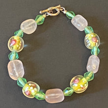 Load image into Gallery viewer, Easter Parade: pastel pink, green, and yellow rose quartz and floral lampwork glass bead bracelet