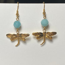 Load image into Gallery viewer, Dragonfly earrings in silvertone or goldtone with gemstone or crystal bead
