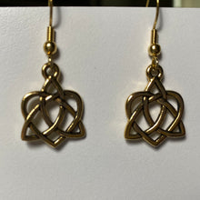 Load image into Gallery viewer, Celtic heart earrings with triquetra knot, goldtone