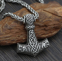 Load image into Gallery viewer, Norse Viking Wolf Thor's Hammer Mjolnir Pendant Necklace 24”