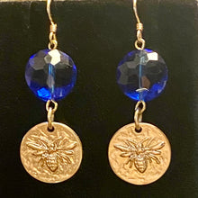 Load image into Gallery viewer, Bee Royal: matte goldtone and royal blue honeybee earrings Outlander fan beekeeper bee lover gift