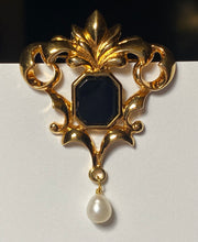 Load image into Gallery viewer, Vintage Avon Victorian Art Nouveau Renaissance ornate gold filigree onyx brooch w freshwater pearl dangle la