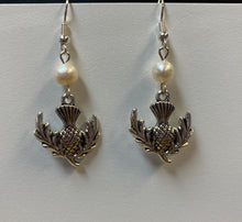 Load image into Gallery viewer, Flower of Scotland: Scottish thistle silvertone Celtic earrings Sassenach Outlander fan gift jewelry (w/ optional crystal or pearl bead)
