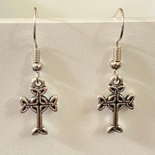 Load image into Gallery viewer, Celtic cross dainty silvertone or goldtone earrings with optional gemstone bead