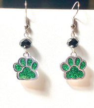 Load image into Gallery viewer, Pelham Panthers sports fan green and black paw print earrings